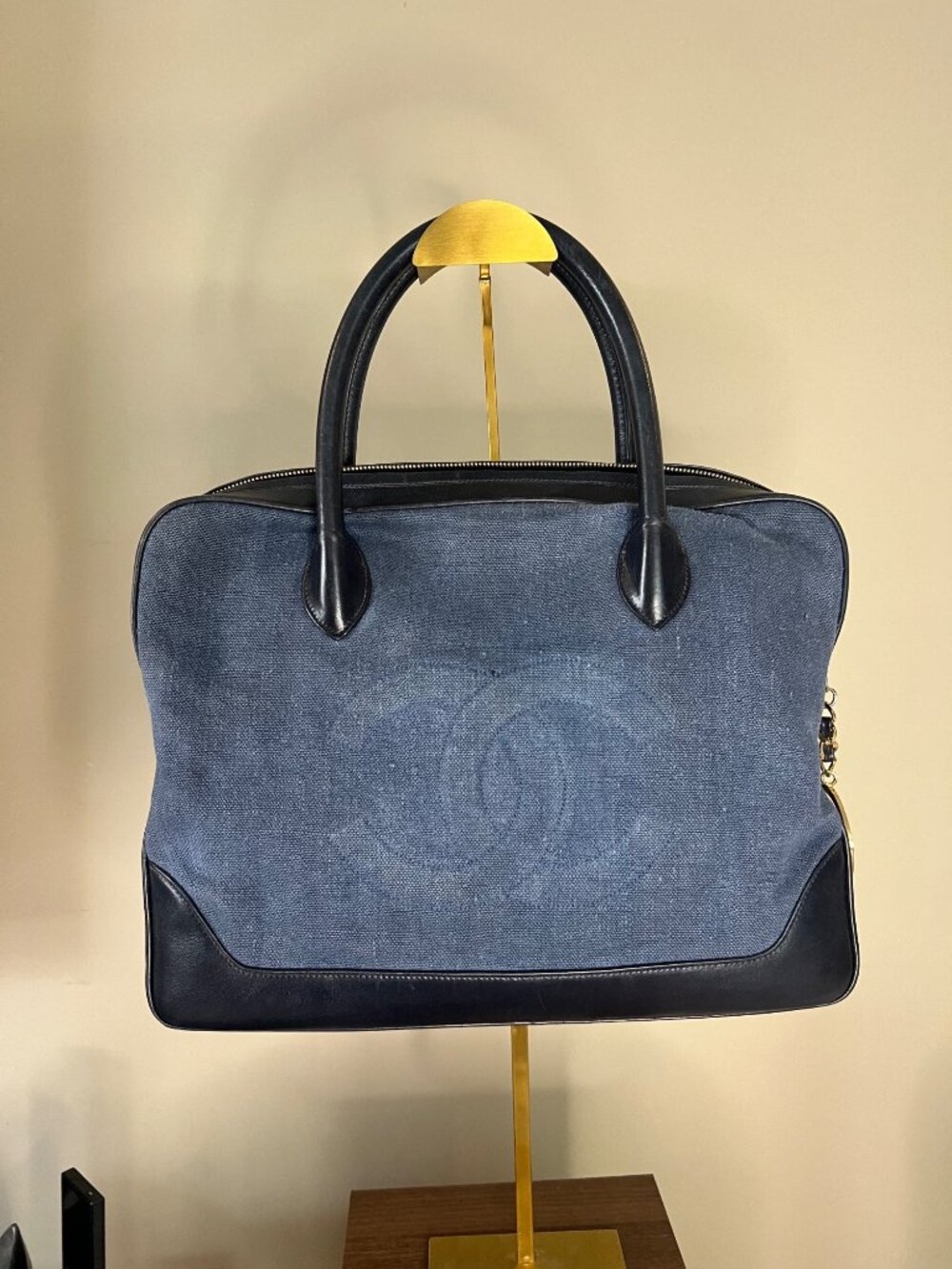 Chanel Vintage Blue Denim & Black Leather Tote Bag with Gold CC Charm